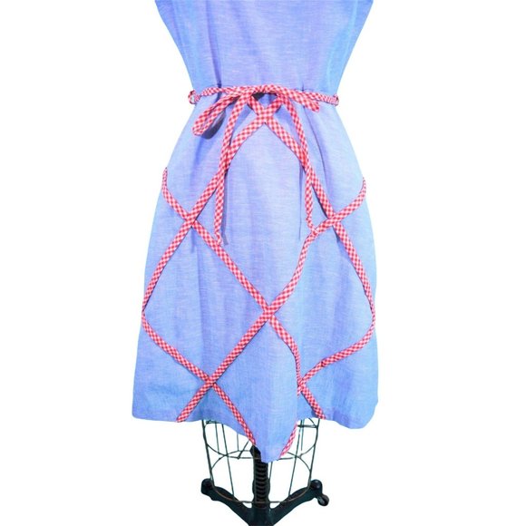 Vintage 1960s Picnic Dress Blue Chambray Red Checkered Sheath | W 28" - Picture 4 of 9
